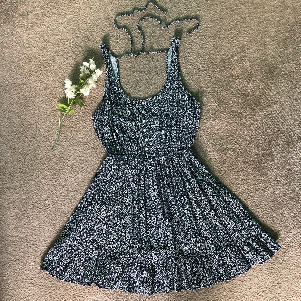 Floral navy blue and white dress.